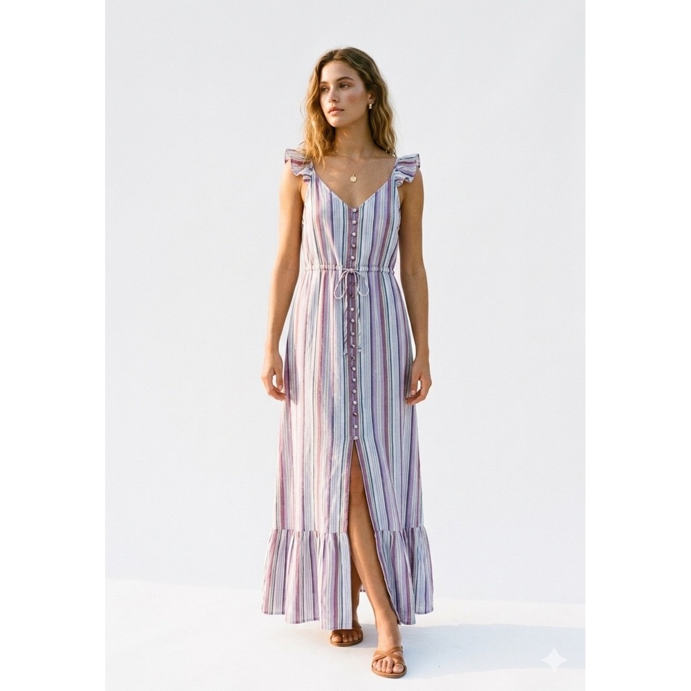 Salty Lemon Womens XL Striped Ruffle Strap Button Front Maxi Dress Purple Pink